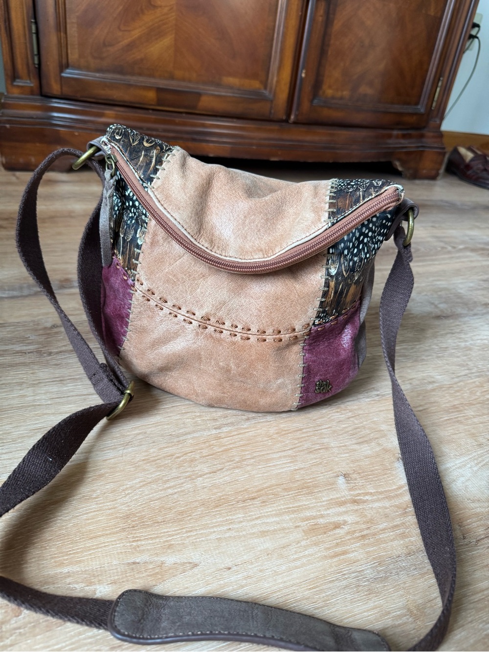 The Sak Deena Fold Over Leather Patchwork Crossbody Hobo Bag Boho Festival